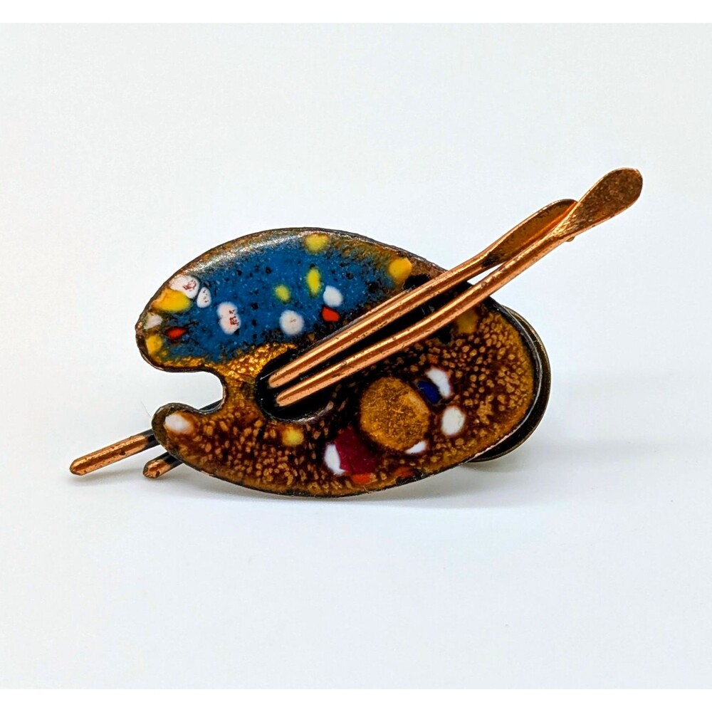 Artisan Paint Palette Enamel on Copper Brooch Pin Multicolor 1.5 in